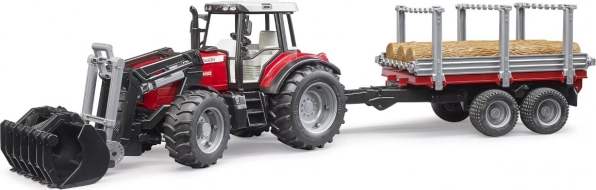 BRUDER traktor MASSEY FERGUSON 7480 homlokrakodóval és rönkszállítóval
