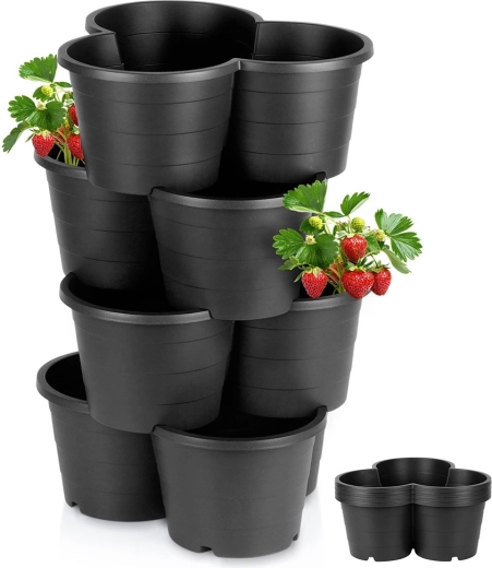Fekete műanyag kaszkádos virágtartó, 4 db-os egymásba rakható szett