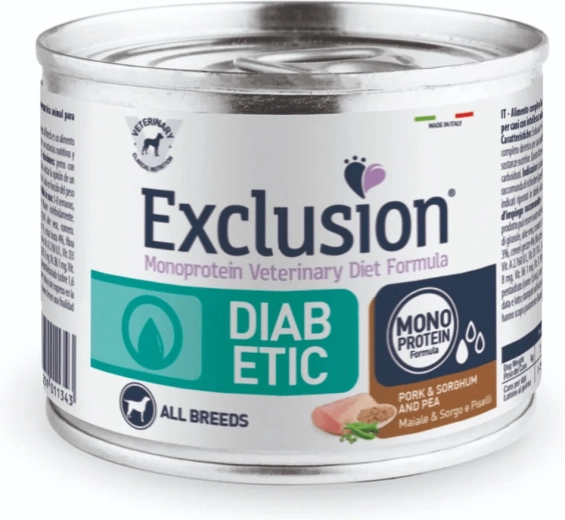 Exclusion Diabetic konzerv kutyáknak minden fajtának, sertéshússal, cirokkal és borsóval 200 g