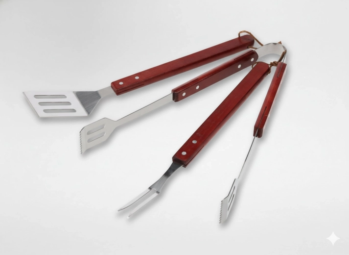 3 részes grill eszközkészlet fa nyéllel – lapát, fogó és villa