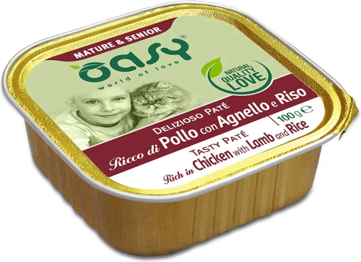 Oasy Tasty Pate Mature & Senior – pástétom macskáknak csirkével, báránnyal és rizzsel 100 g