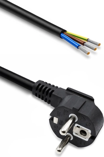 Tápkábel hajlított Schuko CEE 7/7 dugóval, csupaszolt ónozott vezetékekkel, 3×1,0 mm², 1,8 m
