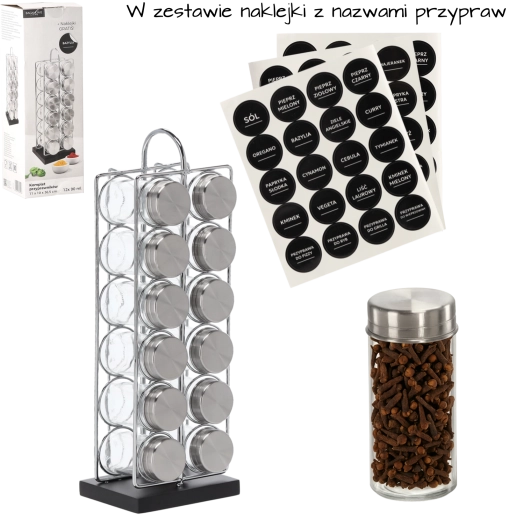 Téglalap alakú fűszertartó fogantyúval, 12 üveg fűszertartóval, ezüst–fekete