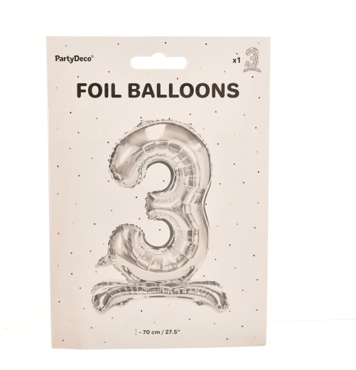 Álló fólia lufi 3-as szám ezüst 70 cm