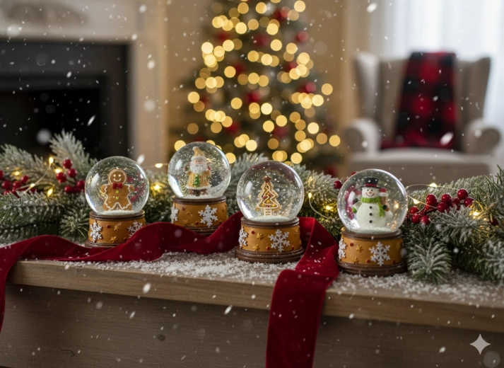 Karácsonyi hógömb – mézeskalács dekoráció, vegyes motívumok 4,5 × 4,5 × 6,5 cm