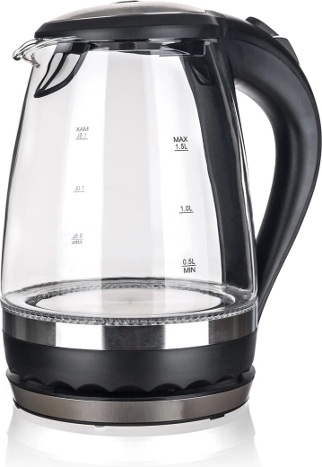 Shady 1,5 l üveg LED-világítású gyorsforraló vízforraló, fekete