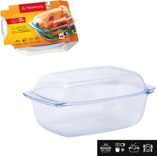 Téglalap alakú hőálló üveg tepsı fedővel, 5,2 l