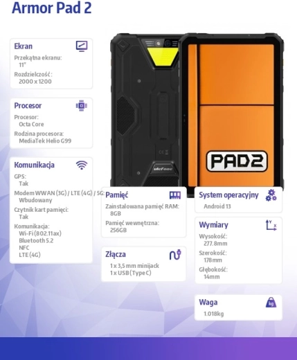 Strapabíró tablet Ulefone Armor Pad 2 4G 11" 8/256 GB IP69K – Fekete