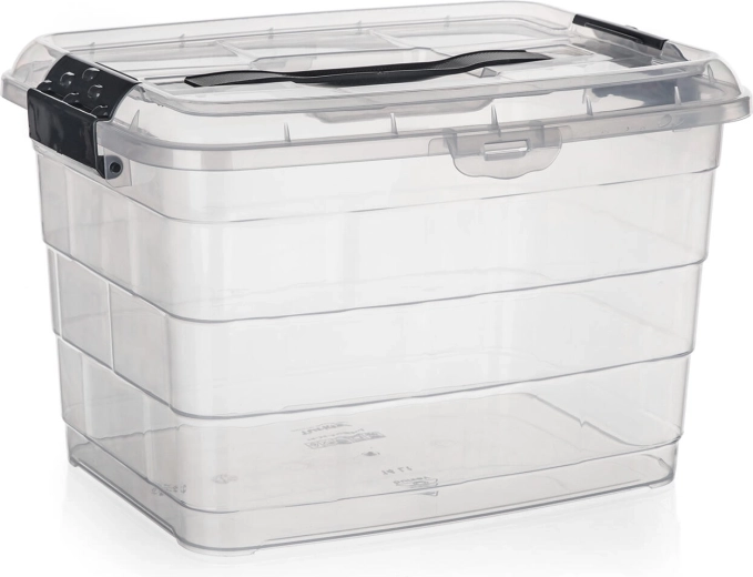 VILARD 14 l fedeles, fogantyús tárolódoboz – átlátszó, füstszínű klipszekkel