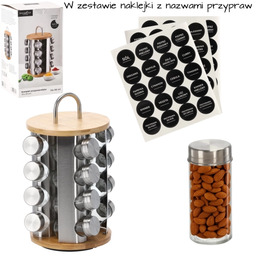 Forgó kerek fűszertartó fogantyúval, 16 üveg fűszertartóval, bambusz–ezüst, 18 × 33 cm