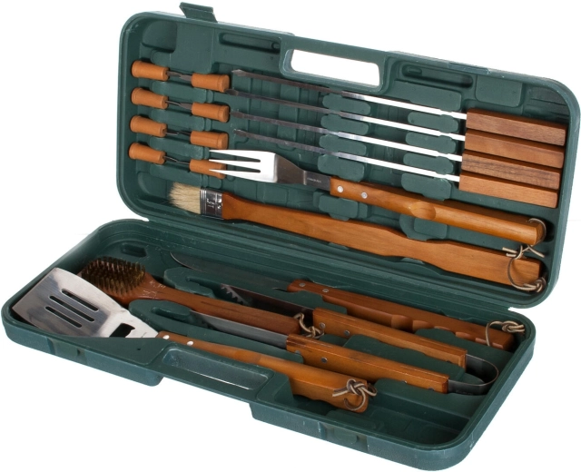 Rozsdamentes acél grillkészlet fa nyéllel, 18 darabos, kofferes