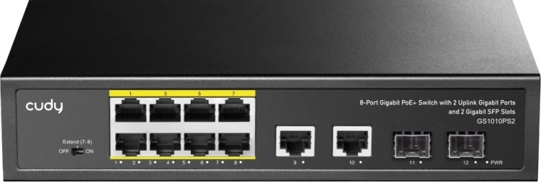 8 portos gigabites PoE+ switch 2 uplink porttal és 2 SFP slottal, 120 W