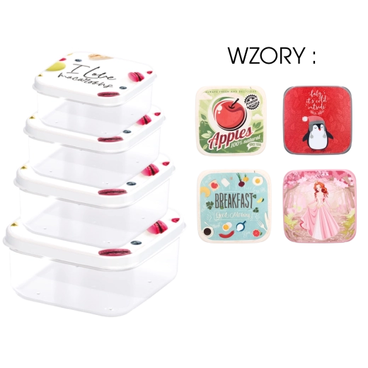 4 darabos, színes fedelű, négyzet alakú ételtároló doboz szett gyerekeknek