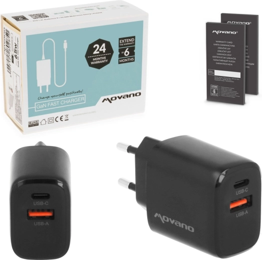 Movano GaN hálózati töltő 20 W USB-C PD + USB-A fekete