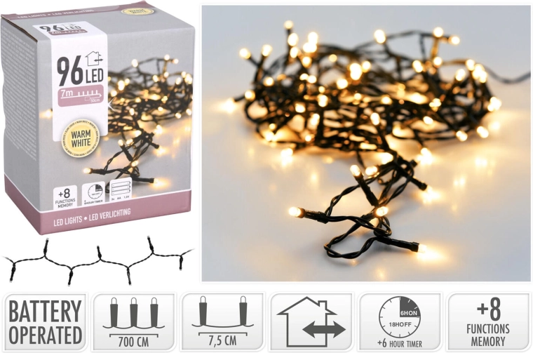 Karácsonyi LED fényfüzér 7 m, 96 LED, meleg fehér, 8 funkció, IP44