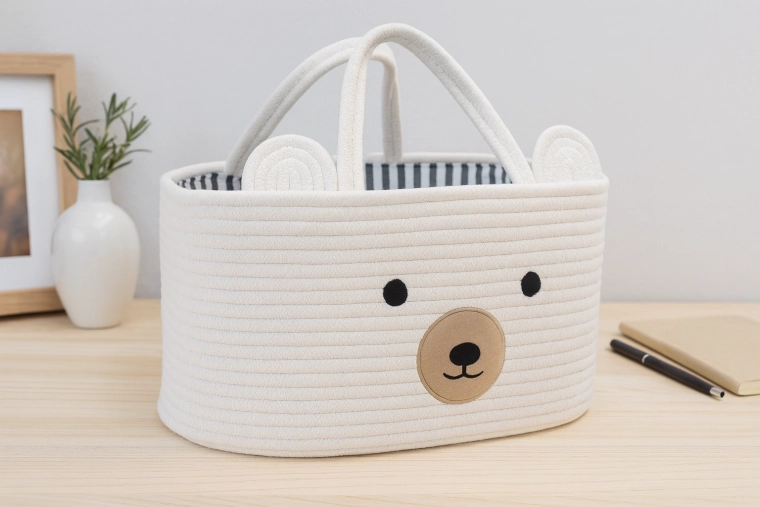 Textil játéktároló fülecskékkel – fehér rendező állatmintával 32 × 22 × 20 cm