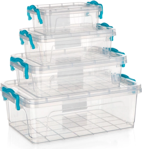 GEMA tárolódoboz készlet 4 db türkiz klipszekkel, átlátszó