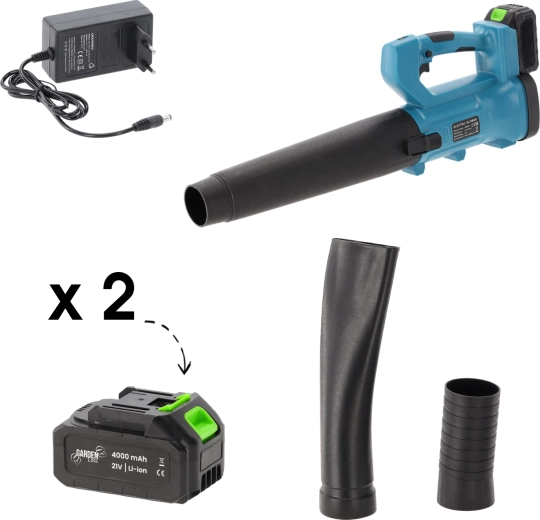 21 V-os akkumulátoros kerti lombfúvó 2× 4Ah akkumulátorral és töltővel