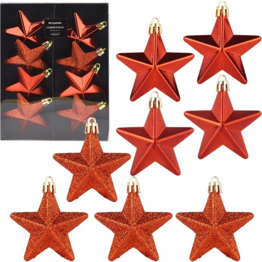 Törhetetlen karácsonyi csillagdíszek, piros, 6,5 cm, 8 db