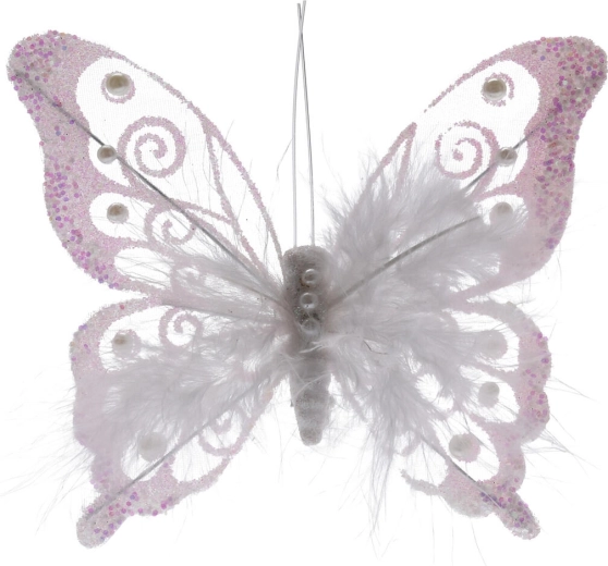 Díszítő tollpillangó csipeszen, fehér, 15,5 cm (2 db)