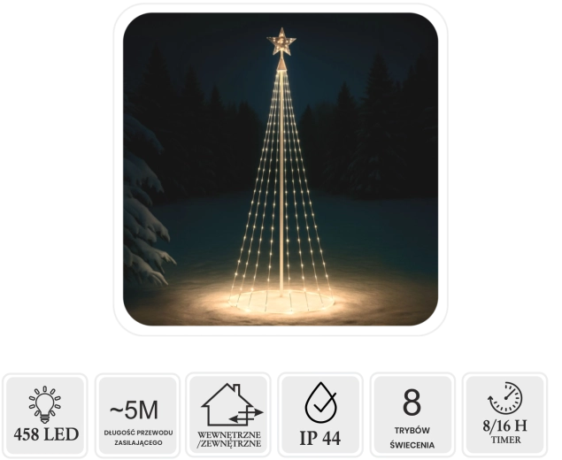 LED kúpos karácsonyfa csillaggal, 3 m, 458 LED, meleg fehér, beltéri/kültéri