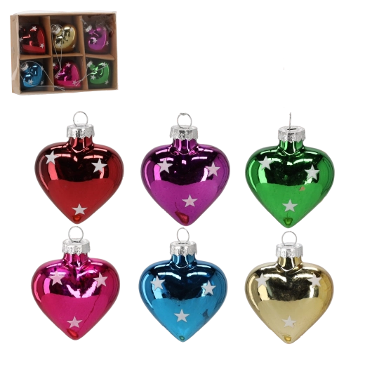 Üveg karácsonyi szívdísz készlet, 6 db