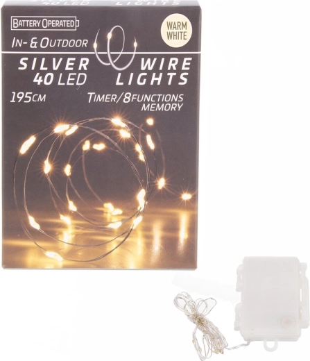 LED fényfüzér vékony dróton, 40 LED, meleg sárga, időzítővel, beltéri és kültéri használatra
