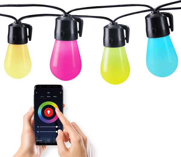 Solight intelligens RGB LED kültéri fényfüzér, 15 izzó, Bluetooth, 20 m