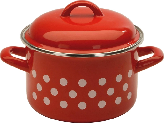 Pöttyös zománcozott lábas fedővel, 14 cm, 1,5 l, piros