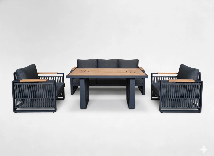 Skopje kerti lounge szett alumíniumból, 3 személyes kanapé, 2 fotel és asztal, szürke