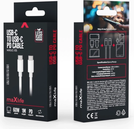Maxlife USB‑C – USB‑C kábel 1 m, 60 W, fehér