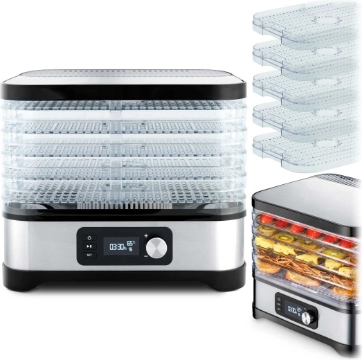 Berdsen élelmiszer-aszaló, ezüst, 10 l, 5 tálca, 35–70 °C