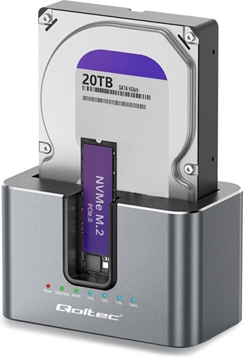 Qoltec 2 az 1-ben dokkolóállomás SATA HDD/SSD és M.2 NVMe meghajtókhoz klónozással, USB‑C 10 Gb/s