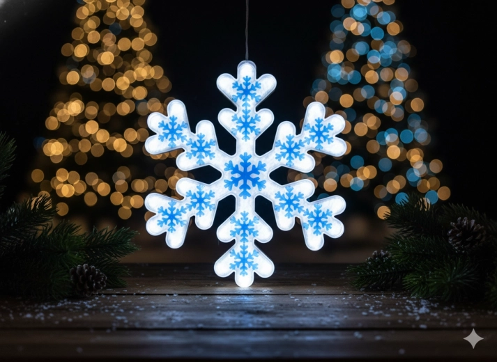 Kék neon LED hópehely hideg fehér fénnyel, 40 cm