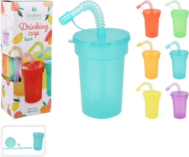 Műanyag pohár tetővel és szívószállal, 380 ml, színkeverék, 6 darabos készlet