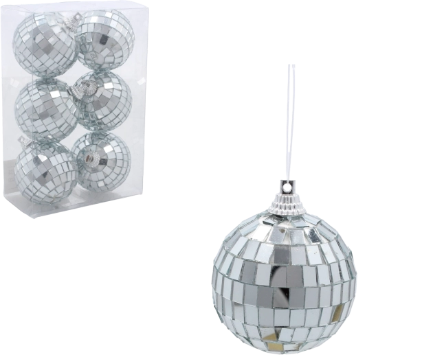6 darabos, tükrös, ezüst karácsonyi gömb szett, 5 cm