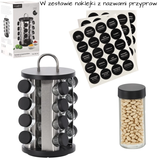 Forgatható, kerek fűszertartó állvány fogantyúval, 16 üveg fűszertartó, fekete‑ezüst, 17,5 × 33 cm