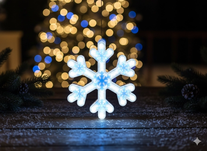 Kék LED-es neon hópehely 30 cm hideg fehér fénnyel