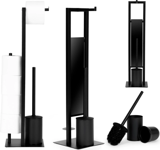 ModernHome WC-papír tartó állvány póttekercs-tartóval és WC-kefével, fekete
