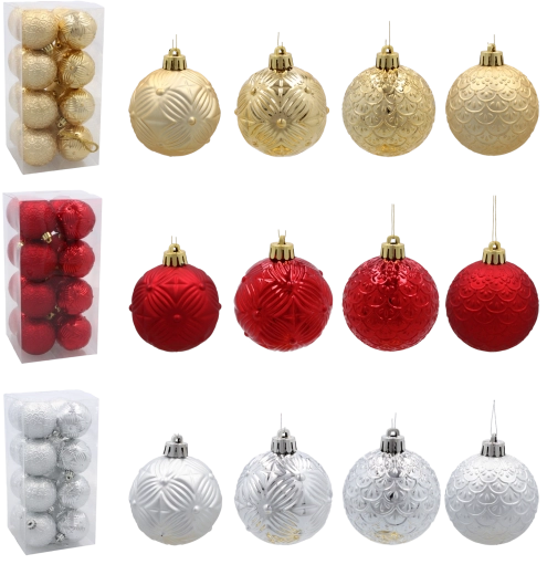16 darabos karácsonyfadísz készlet 6 cm piros, arany és ezüst színben