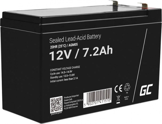 Tölthető AGM akkumulátor 12 V 7,2 Ah UPS-hez és riasztókhoz GREEN CELL