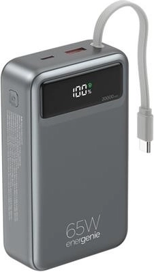 20 000 mAh-es powerbank integrált kábellel, PD 65 W-tal és LCD kijelzővel, fekete