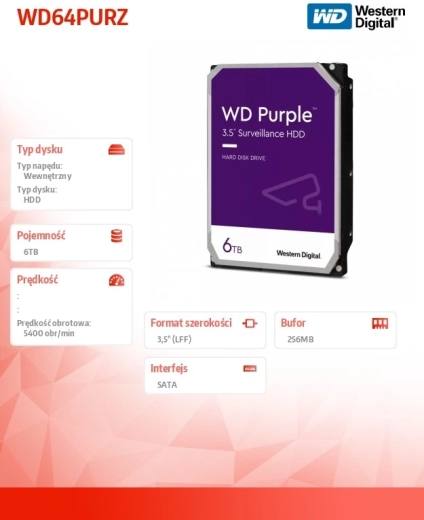 WD Purple 6TB 3,5" merevlemez, 256 MB, 5400 ford/perc, WD64PURZ