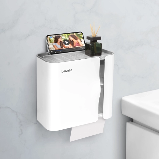 Fehér fali WC-papírtartó polccal