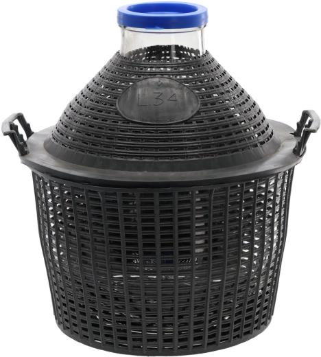 34 l-es üvegballon széles nyakkal műanyag kosárban