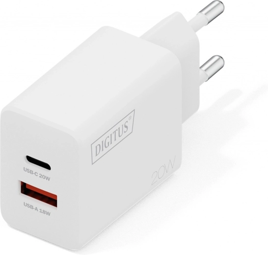 Hálózati USB töltő 20 W, 1× USB‑C és 1× USB‑A, fehér