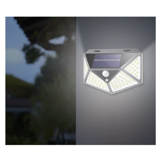 Napelemes fali LED lámpa mozgásérzékelővel, 100 LED, hideg fehér