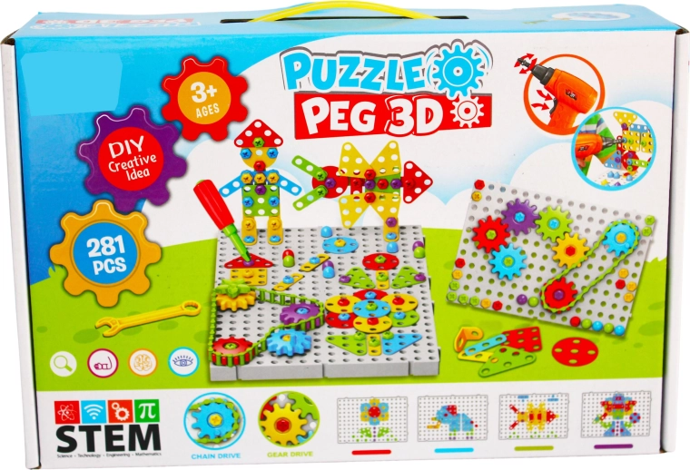 Kreatív 3D építőjáték gyerek fúróval Puzzle Peg (281 darab)