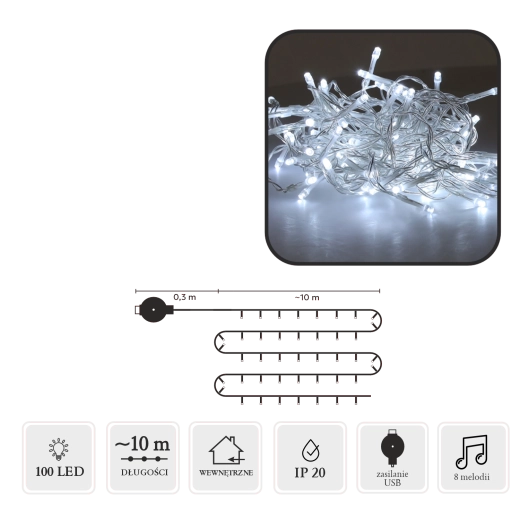 USB-s, dallamos LED karácsonyi fényfüzér, 100 LED, hideg fehér, 10 m