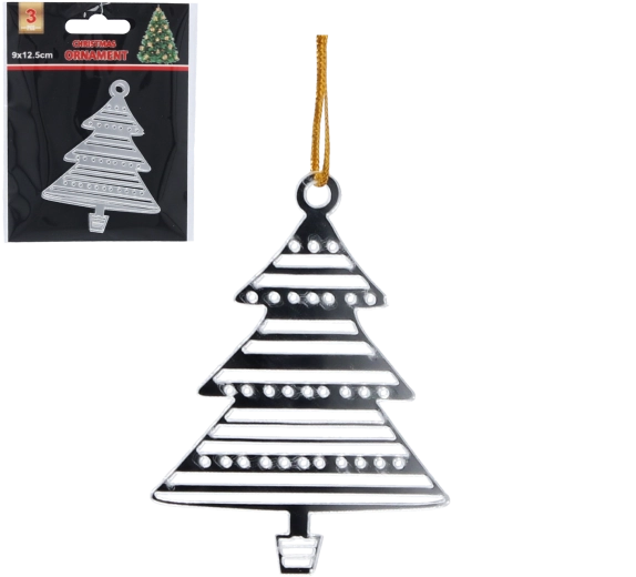 Ezüst karácsonyfadísz-készlet, fenyőfa alakú, 3 db